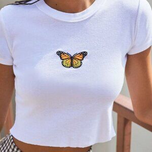 John Galt Butterfly White Cropped Tee O/S